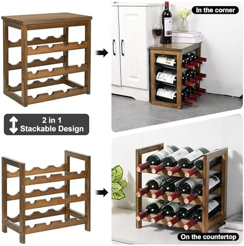 VASMIA Wine Rack Freestanding Floor, 6-Tier Display Wine Storage Shelves with Table Top, 24-Botttle Bamboo Wine Rack Shelf for Kitchen Bar Dining Room Living Room, Walnut