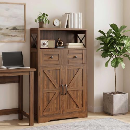Walnut Farmhouse Storage Cabinet with Drawers, Small Kitchen Pantry Cabinet