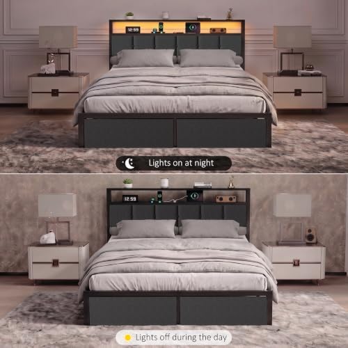 Full Size Bed Frame with Storage Drawers, Charging Station and LED Lights, Upholstered Headboard with 2-Tier Shelves, Heavy Duty Metal Slats, No Box Spring Needed, Noise Free, Easy Assembly