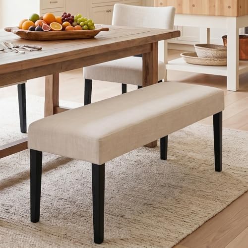 HNY Farmhouse Upholstered Dining Bench Seat, 45" Linen Entryway Bench with Black Wood Legs, Mid Century Modern End of Bed Bench for Kitchen Bedroom Living Room Hallway, for 2-3 Person, Beige