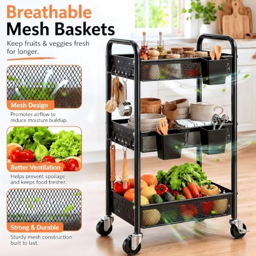3 Tier Heavy Duty Rolling Cart Organizer, Black Utility Storage Carts with Wheels,Three Tiered Snack Cart for Baby Diaper Caddy, Cleaning Supplies, Craft Art Supply, Lash, Bathroom, Kitchen, Bedside