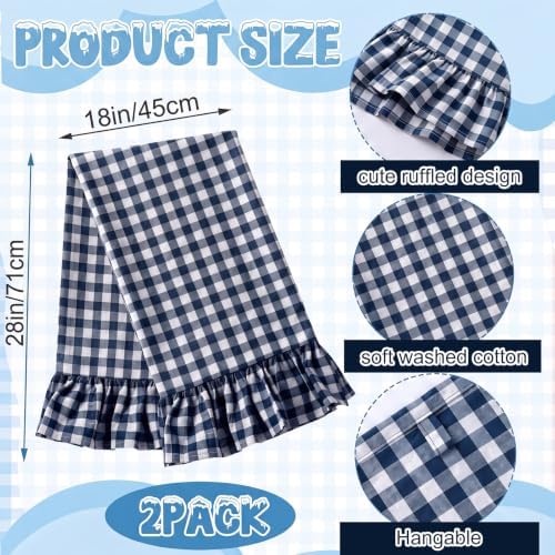 HunnmingRe 2 Pcs Navy Blue Gingham Kitchen Towels Cotton Ruffled