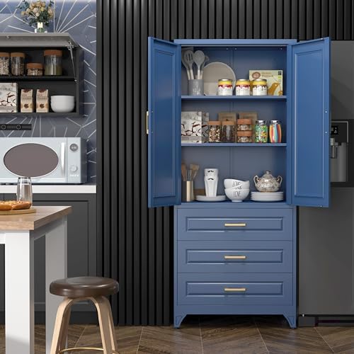 SteeLoong 75" Metal Storage Cabinet with Doors and 2 Adjustable Shelves | Kitchen Pantry Cabinet with 3 Drawers,Blue Kitchen Cabinet with 2 Gold Handles,Food Cupboard for Livingroom,Pantry, Bathroom
