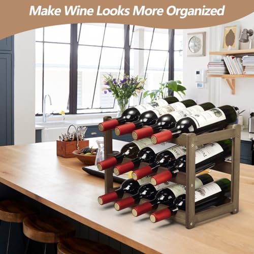 Bamboo Wine Rack, Sturdy and Durable Wine Storage Cabinet Shelf, Wine Racks Countertop for Pantry - 3 Tiers 12 Bottle Wine Rack, Moca