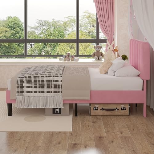 VECELO Twin Size Bed Frame with Upholstered Headboard, Velvet Platform Bedframe Mattress Foundation, Strong Wood Slat Support, No Box Spring Needed,Pink