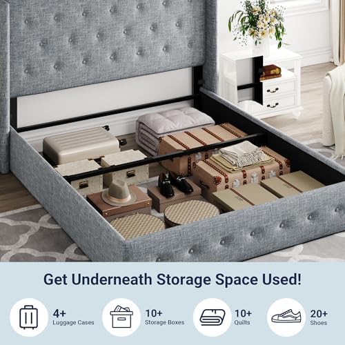 Allewie Queen Size Lift Up Storage Button-Tufted Bed Frame Blue Grey