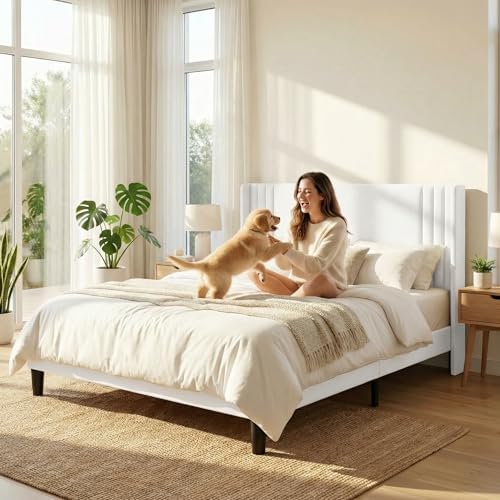 Gizoon Full Bed Frame with Wingback Headboard, Upholstered Platform Bed