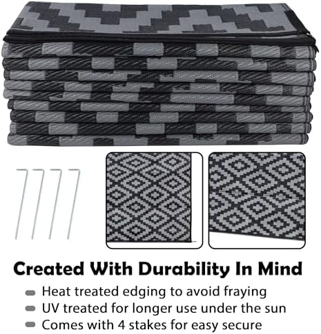 SAND MINE Waterproof Outdoor Rug 10x20 ft, Plastic Reversible Rug, Modern Area Rug, Large Floor Mat for Outdoors, RV, Patio, Backyard, Deck, Picnic, Beach, Camping, Black & Grey
