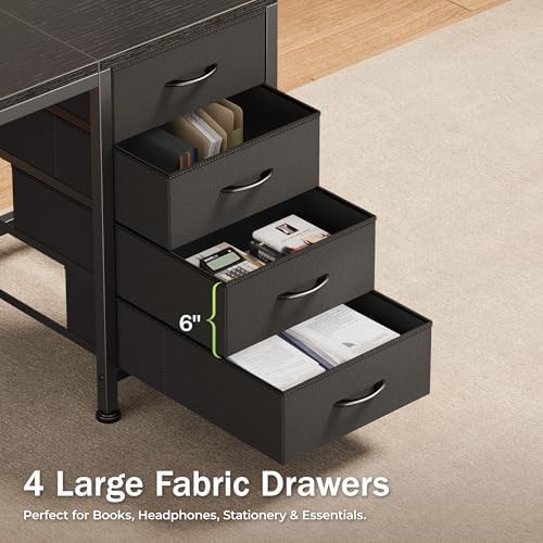 PRAISUN 47.2Inch Computer Office Desk with Power Outelts and USB-C Port, Reversible Gaming Desk with 4 Fabric Drawers, Work Study Desk Work from Home, Black