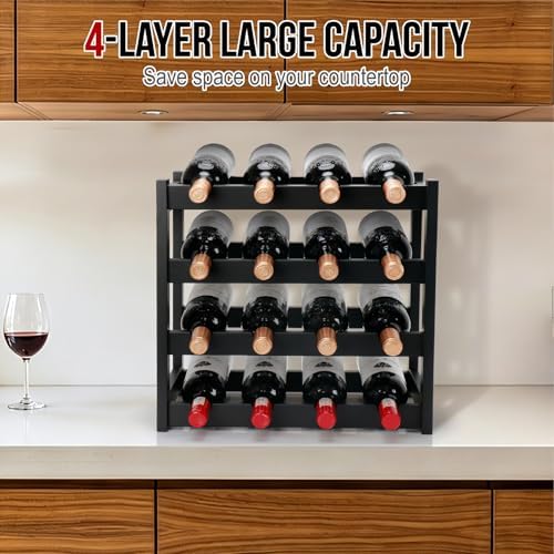 Bamboo Wine Rack, 4-Tier 16 Bottles Wine Storage Cabinet Shelf