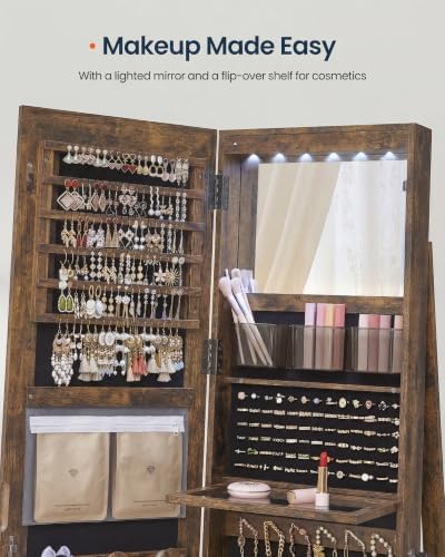 SONGMICS HOME LED Standing Jewelry Armoire, Vanity Mirror with Storage | Full Length Mirror with Lights, Lockable Large Jewelry Box, Space-Saving Jewelry Organizer, Rustic Brown UJJC008X01SH