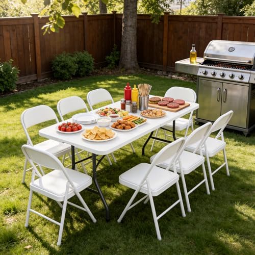 Folding Table 2 Pack, 8 FT Foldable Plastic Table with Carrying Handle, Heavy Duty Portable Fold-in-Half Utility Table for Party, Camping, Banquet, Craft, Wedding, Indoor & Outdoor Use