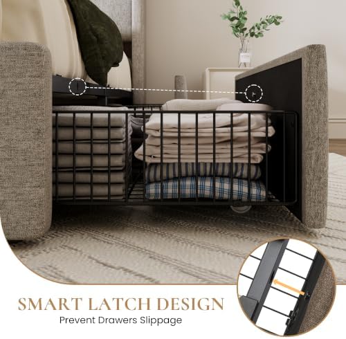 SHA CERLIN King Size Storage Bed Frame with 4 Oversized Drawers, Modern Wingback Headboard with Storage Shelf & Charging Station, No Box Spring Needed, Easy Assembly, Light Beige