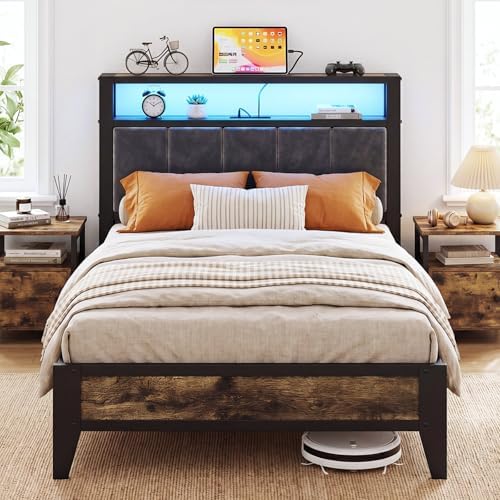 OLEVS Twin Bed Frame with LED Light Storage Headboard and Charging Station Type C, Metal Platform Bed Twin Size,No Box Spring Needed, Noise Free, Easy Assembly