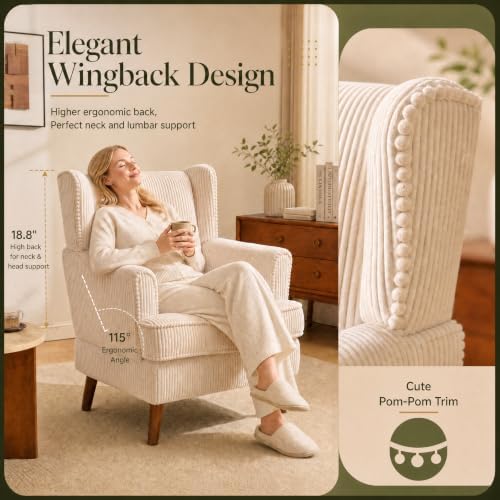 VINGLI 26" Wingback Accent Chair Set of 2, Corduroy Armchair for Apartment