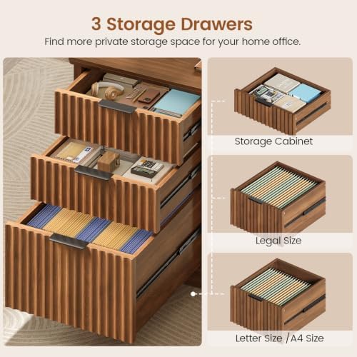 SEDETA 70.9" Executive Desk, Fluted Office Desk with Drawers, Fluted Brown