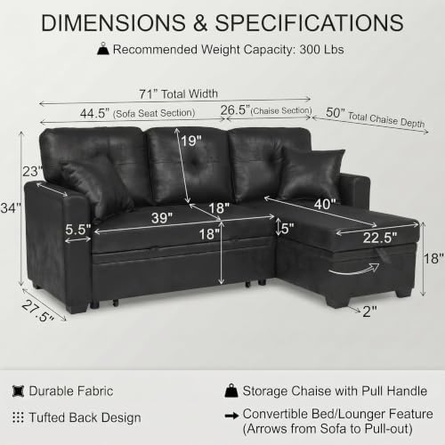 TYBOATLE Convertible Sofa Bed Couch with Reversible Storage Chaise