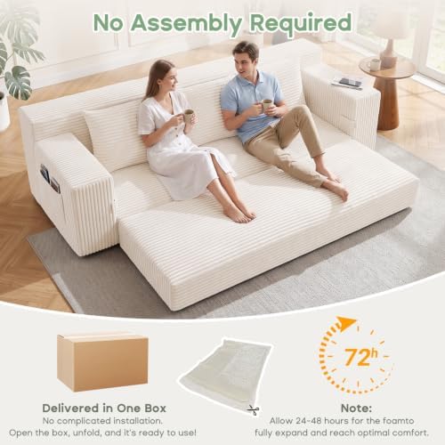 Boneless Couch for Living Room, 3 Seater Convertible Sofa Bed in Box, Beige