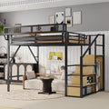 KEIKI Queen Size Metal Loft Bed Frame with Convertible Staircase, Built-in Storage Shelves and Wardrobe, Loft Bed with Solid Slats, Guardrail, No Box Spring Required, Easy Assembly, for Bedroom, Black