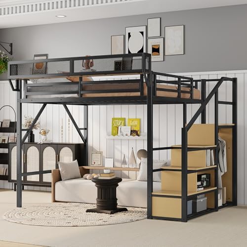 KEIKI Queen Size Metal Loft Bed Frame with Convertible Staircase, Built-in Storage Shelves and Wardrobe, Loft Bed with Solid Slats, Guardrail, No Box Spring Required, Easy Assembly, for Bedroom, Black