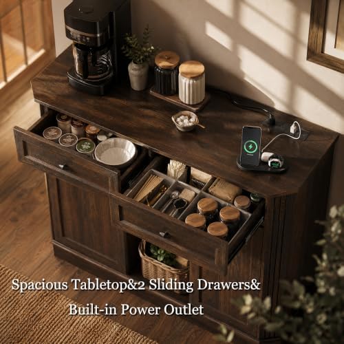 Walnut Coffee Bar with 2 Drawers & 2 Doors, LED Wine Bar Cabinet with Wine Glasses, Coffee Station with Built-in Outlets, Buffet Cabinet Sideboard with Extra Storage for Living Room Kitchen Entryway