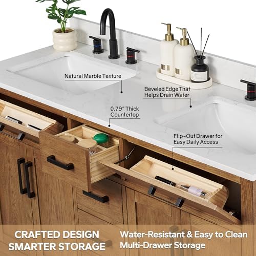 66-inch Dark Walnut Bathroom Vanity with 2 Sinks, Solid Wood, 0.79-inch Stone Countertop and Backsplash, 6 Drawers, 4 Soft Closing Doors