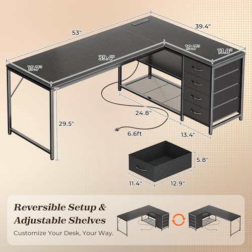 PRAISUN 53" L Shaped Desk with Power Outlets & 4 Drawers