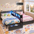 Twin Size Bed Frame for 2 Kids with Storage Bookcase Divider and LED Lights