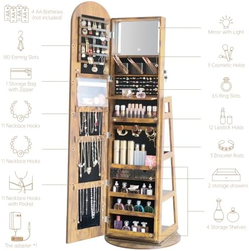 Arched Mirror Jewelry Armoire,3 Color LED Swivel Jewelry Storage Cabinet Interior LED Lights,Full Length Mirror Floor Standing Jewelry Organizer with Storage Shelves (Rustic Brown)