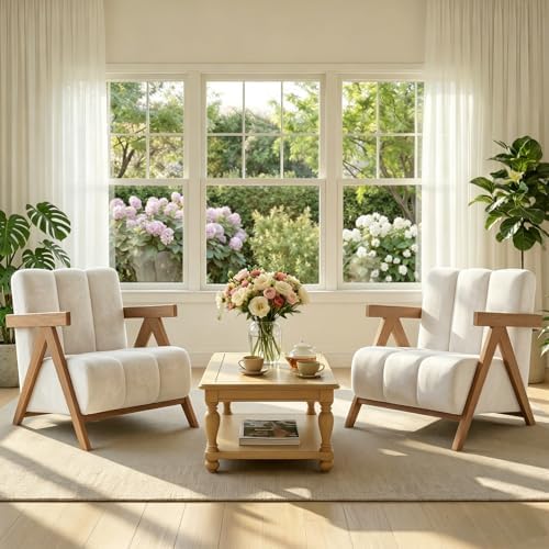 Modern Accent Chair Set of 2 for Living Room Bedroom,Comfy Chenille Reading Chair with Wood Frame,Upholstered Lounge Armchair with Thick High-Elastic Sponge for Apartment & Waiting Room(White,2)