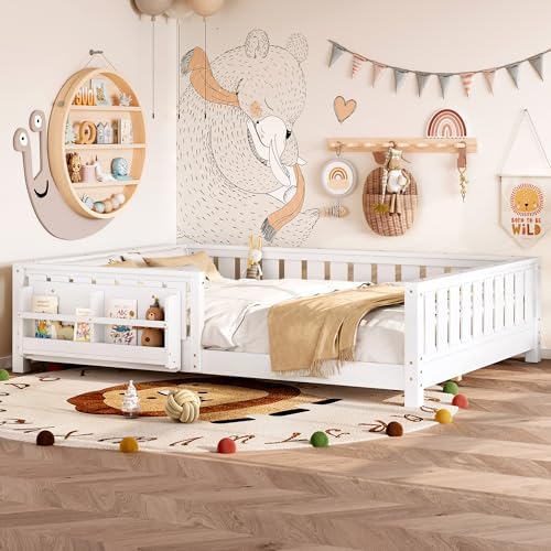 Queen Size Montessori Floor Bed with Bookshelf, Guardrail and Slats, White