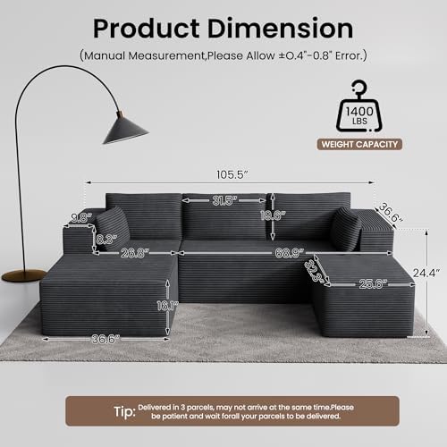 106" Cloud Sectional Boneless Couches for Living Room, Modular U Shaped Couch with Deep Seat, Removable Ottoman, Memory Foam Compressed Spineless 4 Seater Sofa for Bedroom Apartment, Grey