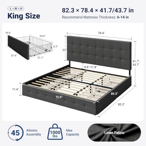 Allewie King Size Storage Bed Frame with 4 Underbed Drawers, Upholstered Platform Bed with Adjustable Headboard, Square Button Tufted, Easy Assembly, Noise-Free, No Box Spring Needed, Dark Grey