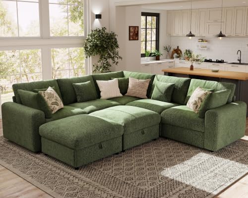 Ihanherry Oversized Cloud Sectional Couches for Living Room, Modular Sectional Sofa with Wide Deep Seat, Coner Couch with Throw Pillow and Storage Ottoman, Green