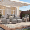 Luxury 5 Pieces Outdoor Patio Furniture Set-High Back Swivel Rocker Patio Chairs with Sofa and Ottomans, 6-inch Extra Thick Cushions Wicker Outdoor Conversation Set for Garden Porch(Grey/Grey)