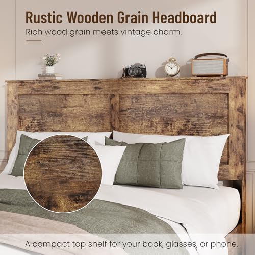 Full Size Farmhouse Wood Bed Frame with Panel Headboard, Brown