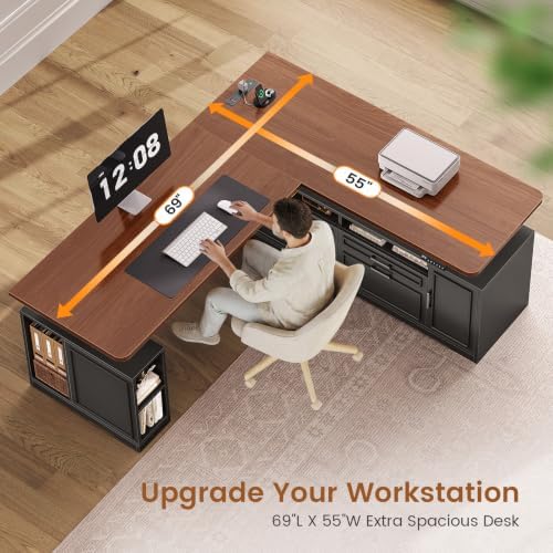 SEDETA Farmhouse L Shaped Executive Electric Standing Desk with 4 Drawers