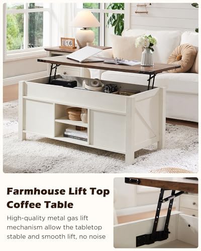 OKD 48" Farmhouse Lift Top Coffee Table, Sliding Barn Door, Antique White