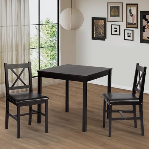 FDW | 3-Piece Solid Pine Wood Dining Table | Dark Brown | Kitchen Table