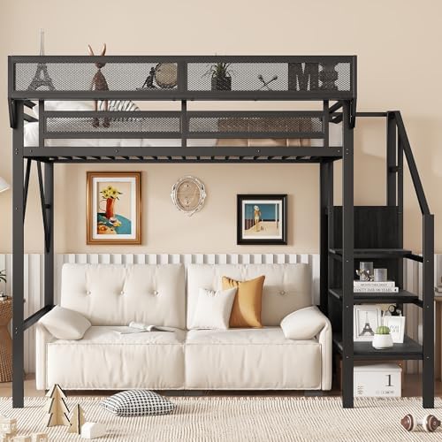 KEIKI Twin Size Metal Loft Bed Frame with Convertible Staircase, Built-in Storage Shelves & Wardrobe, Loft Bed with Solid Slats & Guardrail, No Box Spring Required, Easy Assembly, for Bedroom, Black