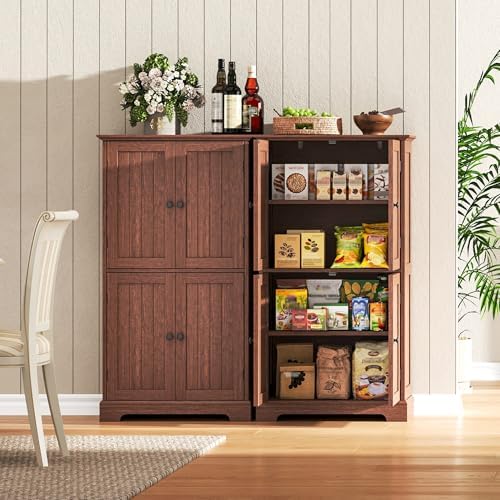 ChooChoo Bathroom Floor Cabinet with Adjustable Shelves | Bathroom Storage Cabinet, 4 Doors, Freestanding Cupboard for Living Room, Kitchen Pantry, Walnut