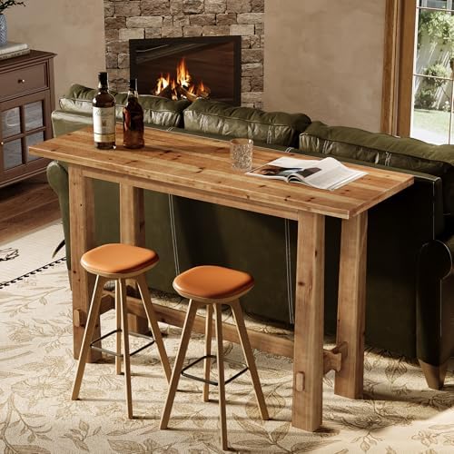 Solid Wood Bar Table, 63-Inch Farmhouse Bar Height Pub Table for Kitchen Dining Room, Rustic Wooden Bistro Table with Sturdy Legs for Home Bar, Apartment, Cafe, Natural Brown