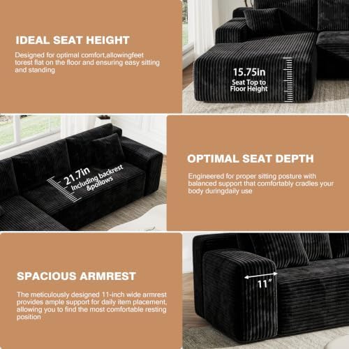 96'' L-Cloud Sectional Boneless Couches for Living Room, Black