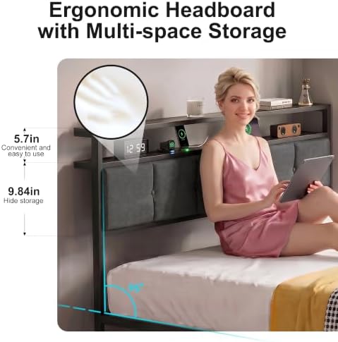 Full Size Bed Frame with Storage Drawers, Charging Station and LED Lights, Upholstered Headboard with 2-Tier Shelves, Heavy Duty Metal Slats, No Box Spring Needed, Noise Free, Easy Assembly