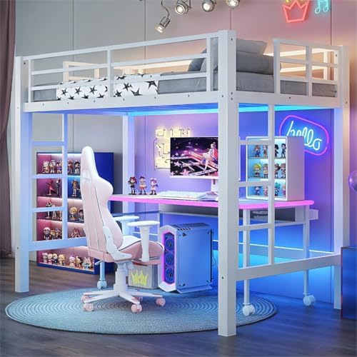 Bellemave Twin Size Loft Bed Frame with 2 Ladder, Sturdy Metal Construction & High Guardrail, Space-Saving Twin Loft Bed for Kids, No Box Spring Needed, Safe for Kids, Adults, Teens, Dorms, White