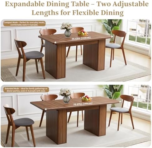 55 in–71 in Extendable Rectangular Dining Table for 4–6, Modern Farmhouse Expandable Kitchen Table with Carved Line Base, Wooden Dinner Table for Kitchen Living Room Home Office (Walnut)