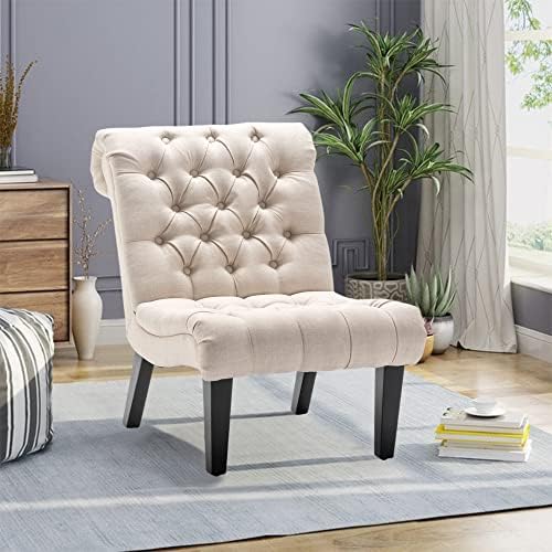 Armless Modern Accent Chair Set of 2 for Bedroom, Cream Fabric