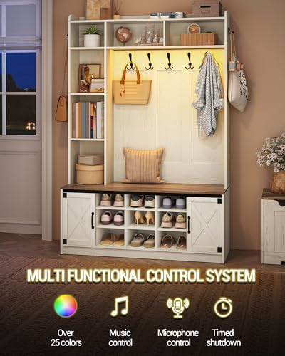 Hzuaneri 47.2" Hall Tree, LED Farmhouse Entryway Storage and Coat Rack Wood, Entryway Furniture with 7 Hooks, Hall Tree with Bench and Storage, 6 Storages Partitions Shoe Bench, Rustic White HT24514X