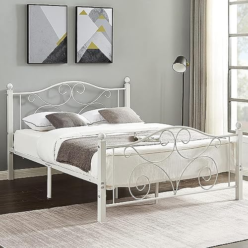 VECELO Full Size Bed Frame with Headboard and Footboard, Heavy Duty Metal Slat Support, Platform Mattress Foundation, No Box Spring Needed, Easy Assembly, White