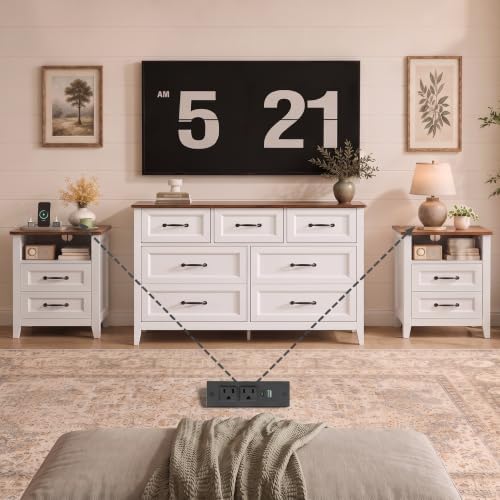 Gizoon 3 PC Bedroom Set, 2 Nightstands with Charging Station & Dresser